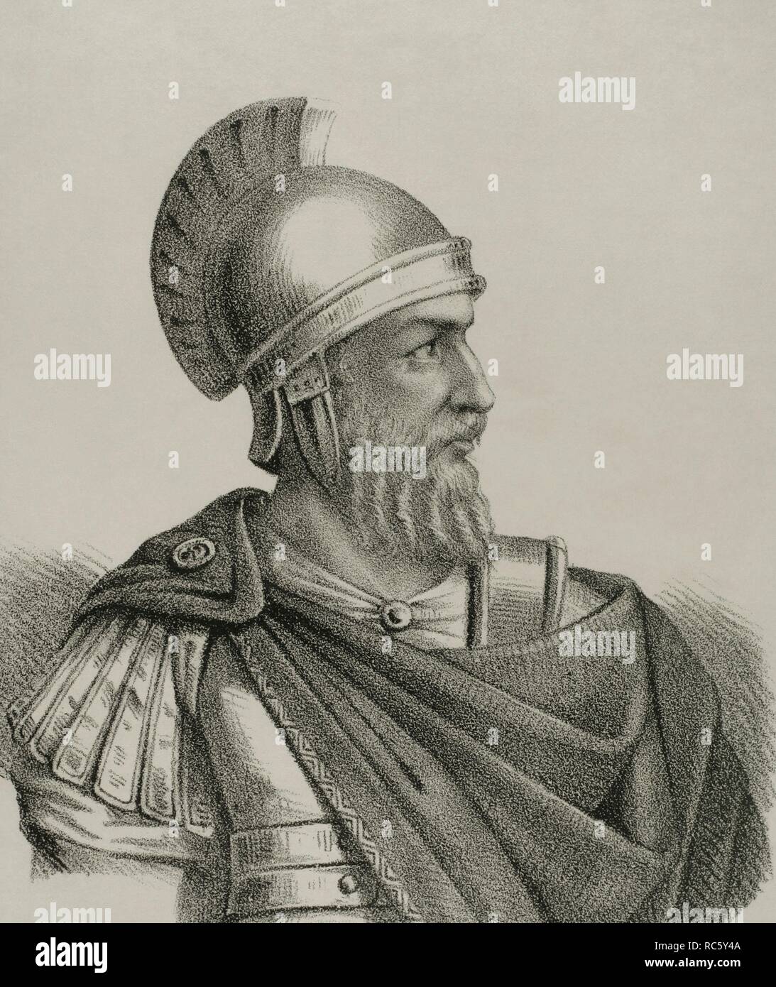 Quinto Sertorio (122 ein. C-72a. C). Político y militar Romano de la época final de la República romana. Dibujo por Llanta. Litografía. Retrato, las mejores. Crónica de España, Historia y Ilustrada Descriptiva de Sus Provincias. Región de Murcia, 1870. Biblioteca Histórico Militar de Barcelona. Catalunya, España. Stockfoto