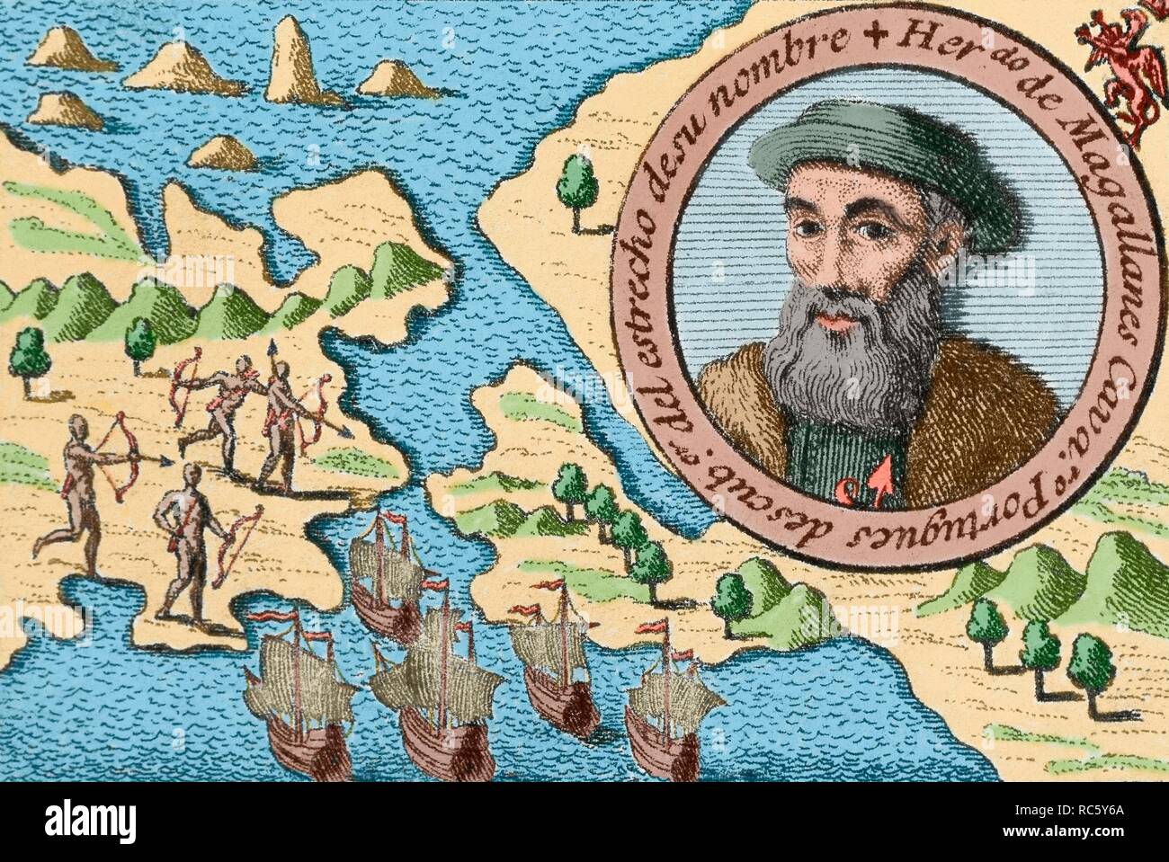 Fernando Magallanes (Fernao de Magalhaes) (Sabrosa, Portugal, h. 1480 - Mactán, Islas Filipinas, 1521). Navegante portugués. Capitán de la flota que en 1519 partió de Sevilla hacia América donde El Navegante esperaba descubrir un Estrecho en el extremo Sur de Sudamérica. Entre el 21 de Mayo y el 28 de abril de 1521 las Naves atravesaron el Estrecho llamado de Magallanes. Grabado coloreado. Stockfoto
