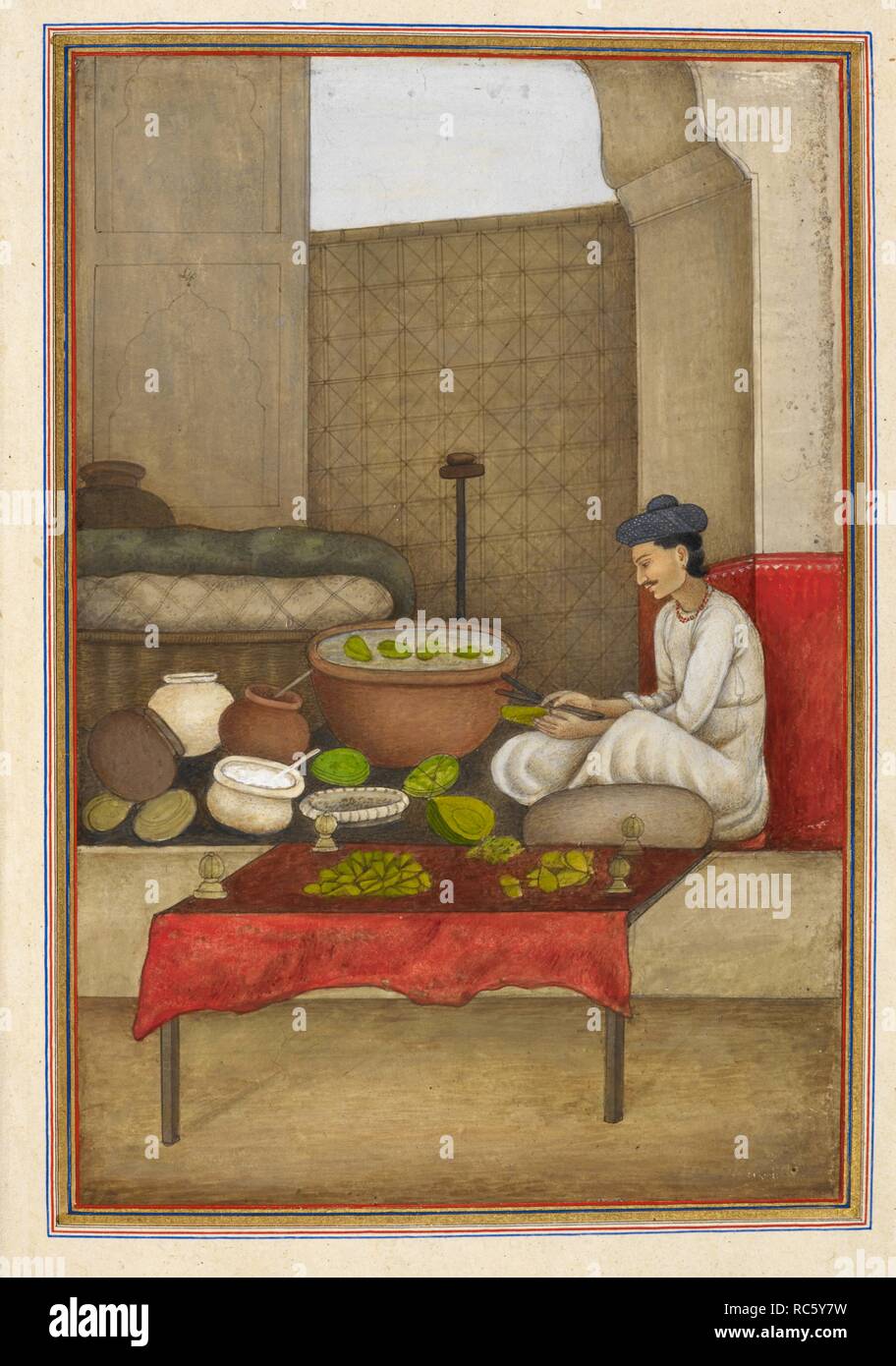 Ein betel - Mutter Verkäufer Vorbereitung seine Waren. . Tashrih al-aqvam, ein Konto von Herkunft und Berufe von einigen der Sekten, Kasten und Stämme von Indien. Bei Hansi Cantonment, Gurgaon Distrikt, 85 km nord-westlich von Delhi für Oberst James Skinner geschrieben. 1825. Quelle: Hinzufügen. 27255, f.267 v. Sprache: Persisch. Autor: Anon. Stockfoto