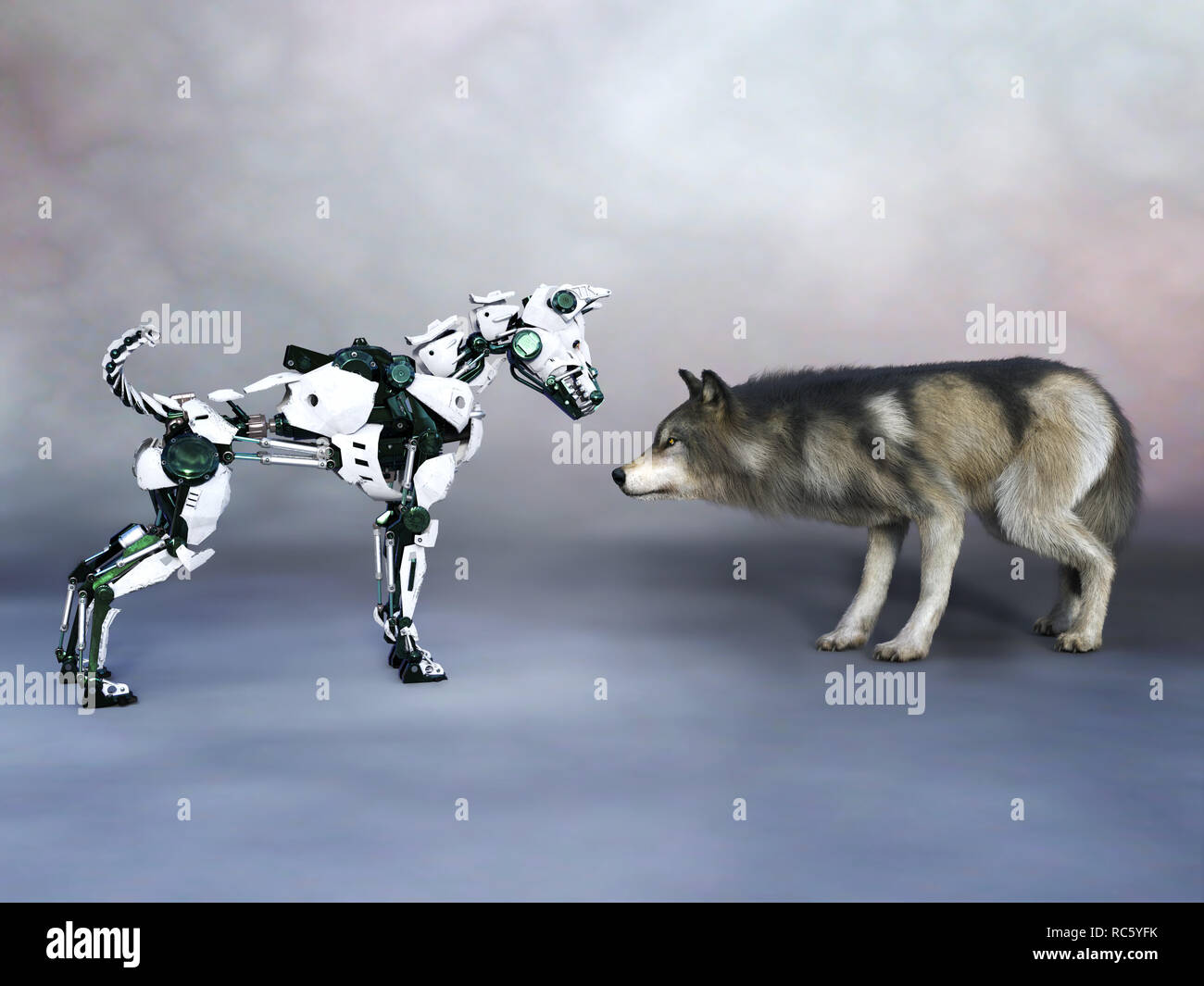 3D Rendering fur eine roboterhund Treffen einen echten Wolf oder Hund. Konzept der Zukunft Stockfotografie Alamy