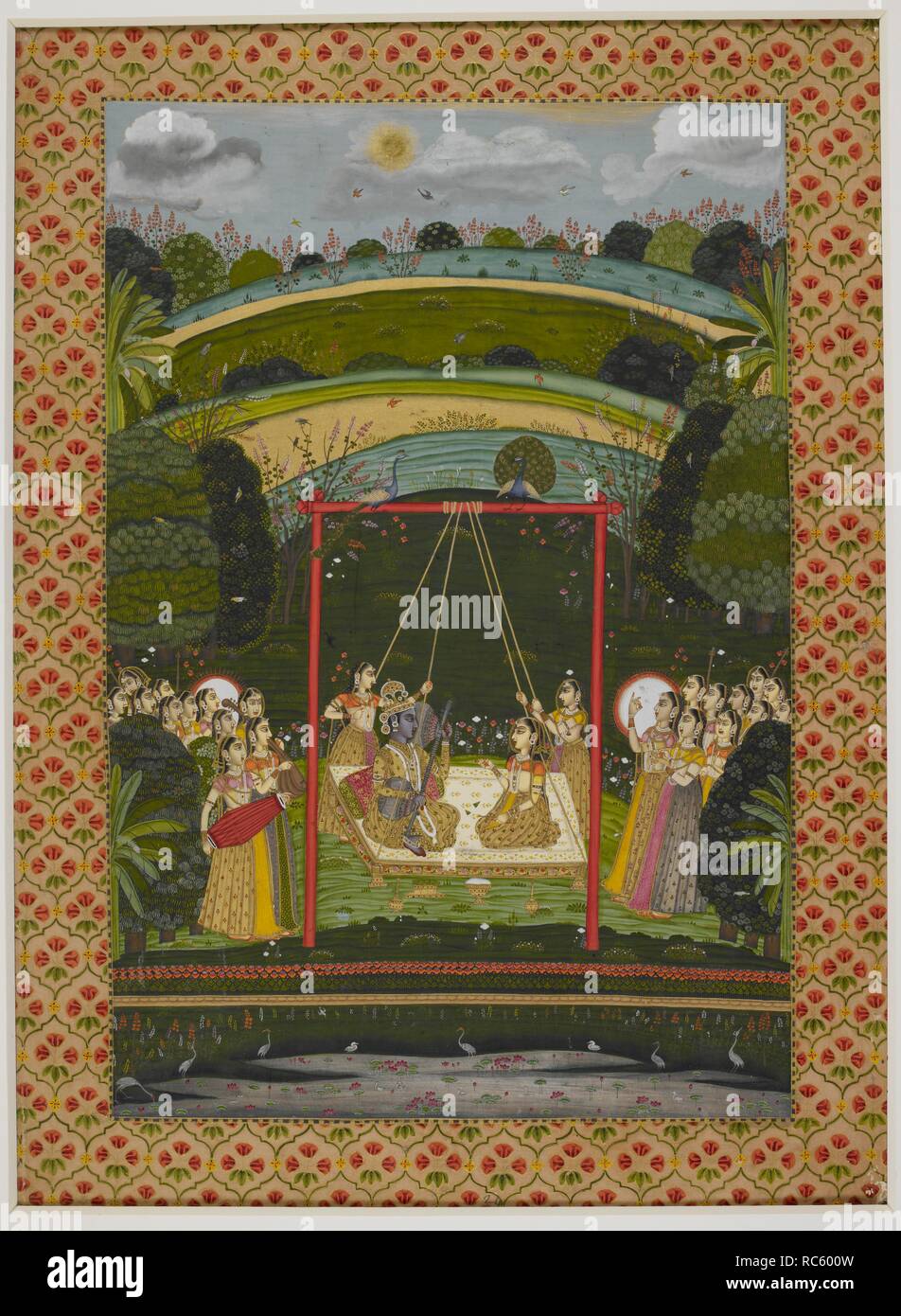 Hindola Ragini. Radha und Krishna auf der Schaukel mit Wächter sitzt, mit Krishna spielen eine "Vina". Zwei Pfaue sind über Ihnen thront und Mädchen Musiker sind auf beiden Seiten gesammelt. c 1760. Opak Aquarell. Quelle: J. 36,24. Stockfoto