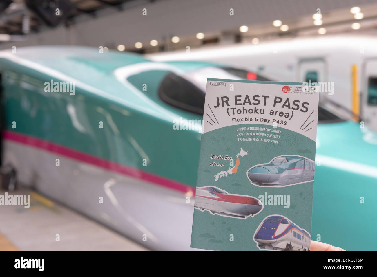 JR East PASS (Tohoku Bereich), mit der hayabusa Shinkansen im Hintergrund. Flexible 5-Tagespass Tohoku Region touristische Pass. Stockfoto