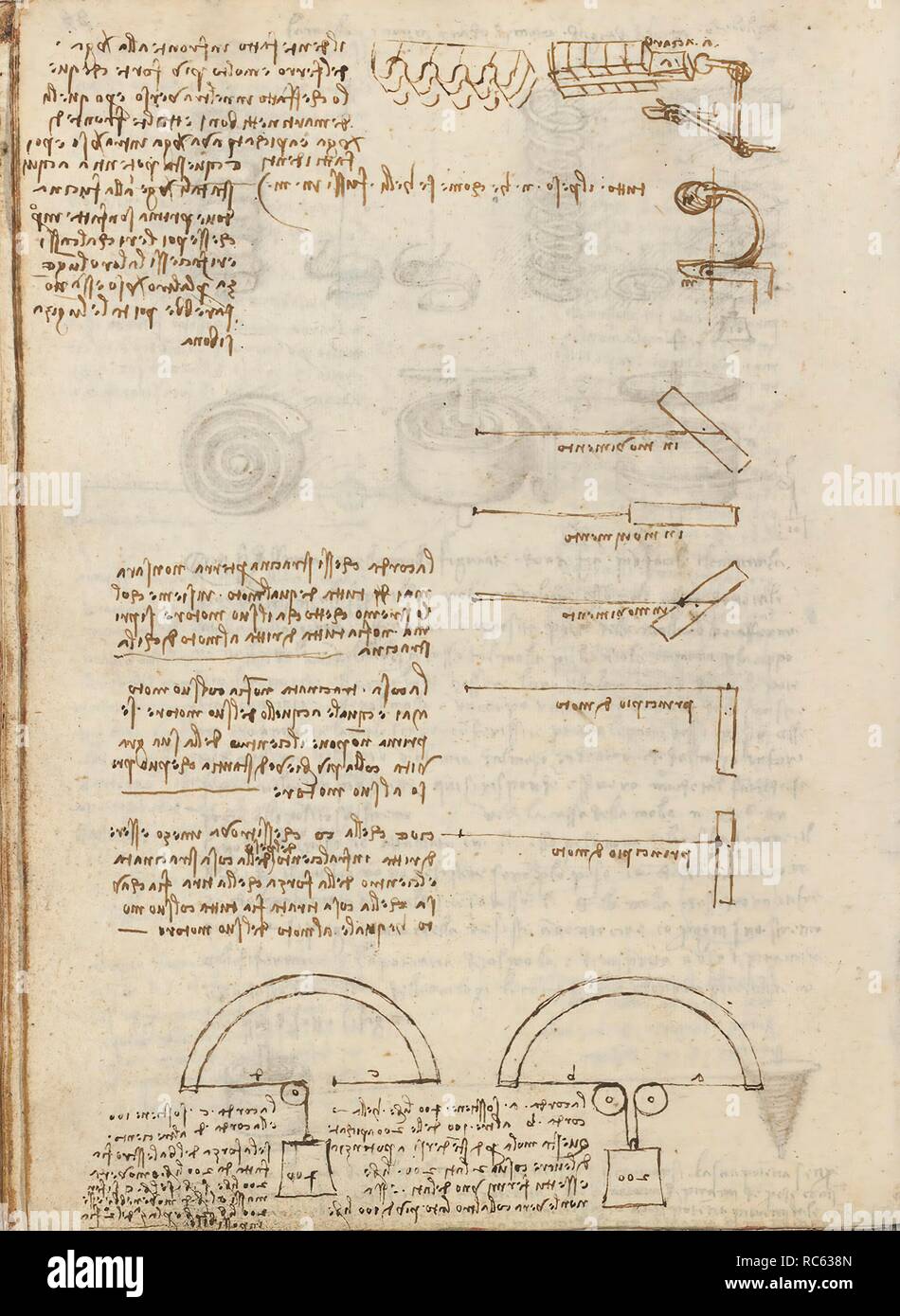 Folio f85V. Codex Madrid (Ms. 8938) 'Vertrag von Statik und Mechanik', 192  Folios mit 384 Seiten. Internes Format: 215 x 145 mm. Angewandte Mechanik  (Komponenten). Angewandte Mechanik (MASCHINEN UND WITS). Erwähnung von