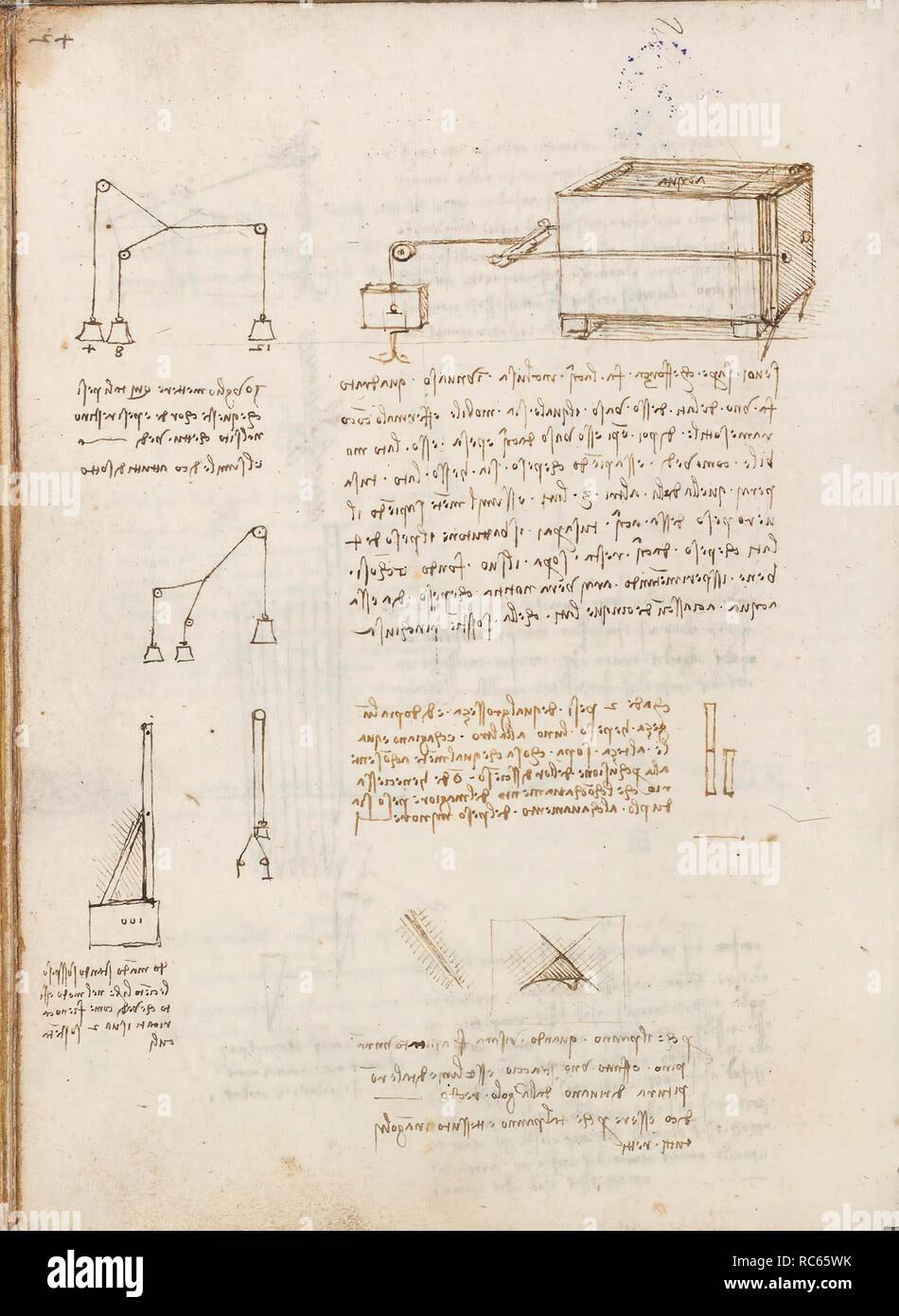 Folio f 149 v. Codex Madrid (Ms. 8938) 'Vertrag von Statik und Mechanik', 192 Folios mit 384 Seiten. Internes Format: 215 x 145 mm. Handwerk. Angewandte Mechanik (Komponenten). Angewandte Mechanik (MASCHINEN UND WITS). Einheiten von Gewicht und Maßnahmen. Prinzipien der Mechanik, Kinematik, Dynamik. Erwähnung von Materialien. Museum: BIBLIOTECA NACIONAL DE ESPAÑA, MADRID. Autor: LEONARDO DA VINCI. Stockfoto