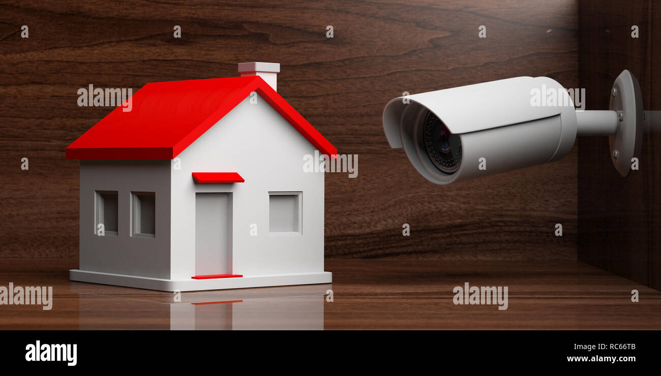 Sicherheit CCTV System und zu Hause. Überwachungskamera beobachten ein kleines Haus auf Holz- Hintergrund. 3D-Darstellung Stockfoto