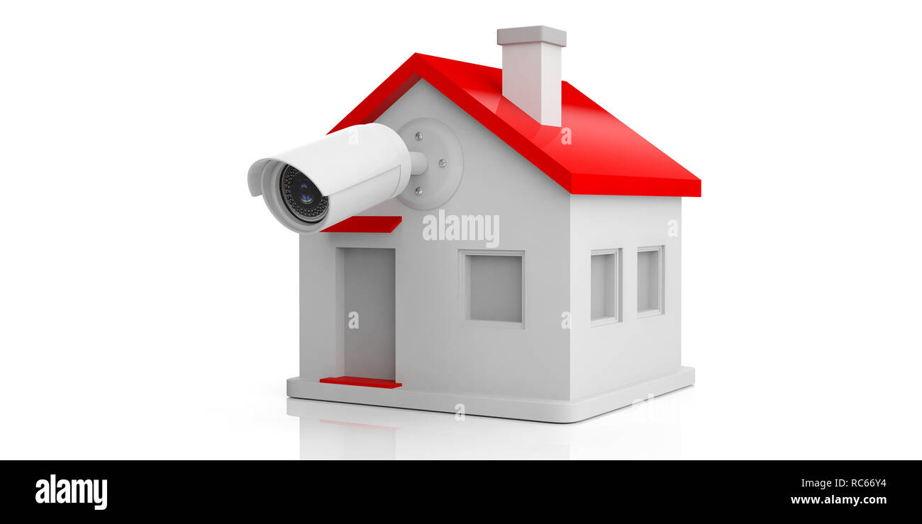 Sicherheit CCTV System und zu Hause. Überwachungskameras schützen ein kleines Haus auf weißem Hintergrund. 3D-Darstellung Stockfoto