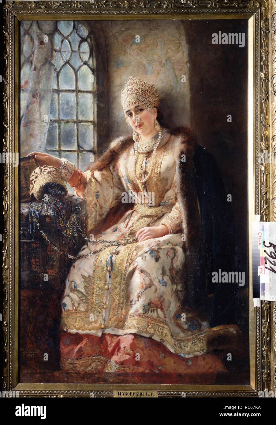 Boyar's Frau am Fenster. Museum: Regionale M. Vrubel Art Museum, Omsk. Autor: Makovsky, Konstantin Yegorovich. Stockfoto