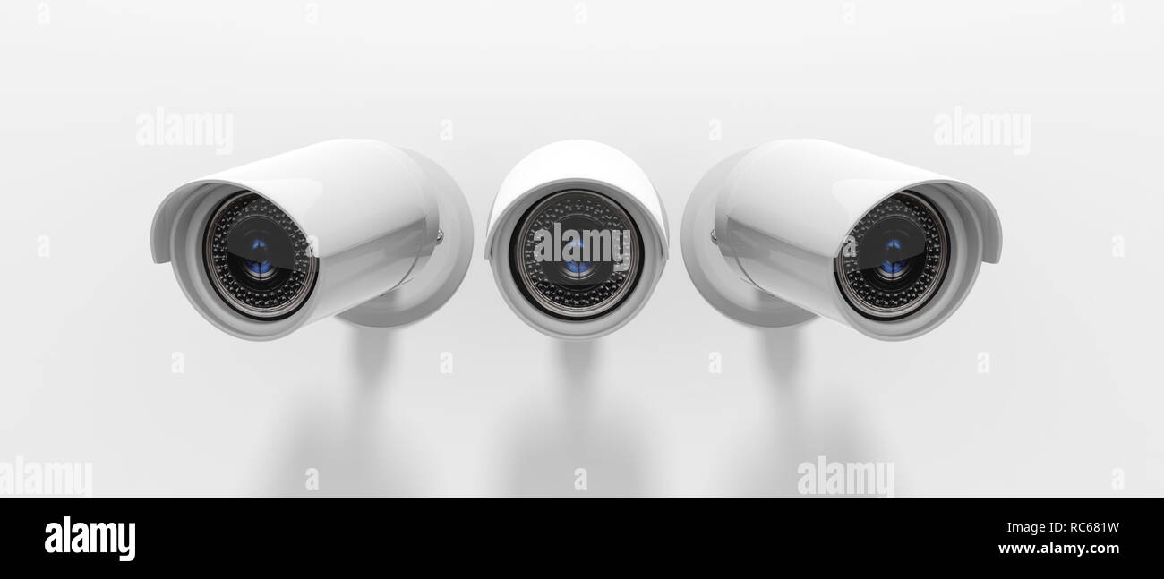 Sicherheit Kameras CCTV-System. Drei überwachung Nocken auf weißem Hintergrund, Banner. 3D-Darstellung Stockfoto
