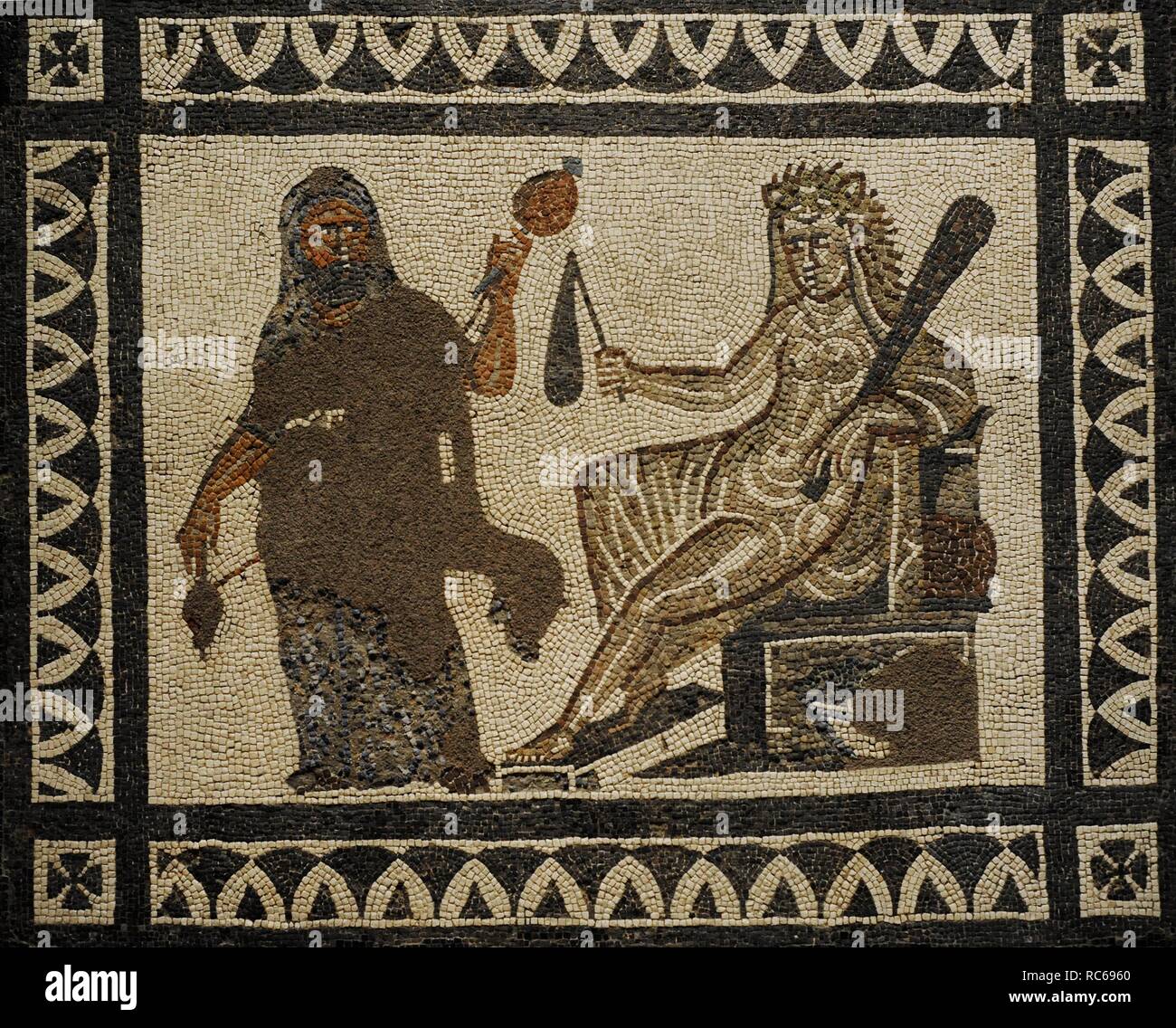 Mosaico Romano de los Trabajos de Hércules. Las mejores de la parte Central con la representación de Hércules y Ónfale. Siglo III. Procedente de Liria (Provincia de Valencia). Museo Arqueológico Nacional. Madrid. España. Stockfoto