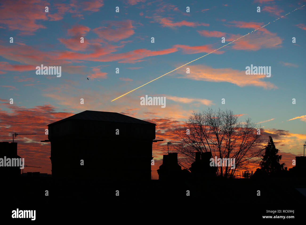 London. UK 14 Jan 2019 - DE Wetter: Silhouette eines Gebäude, Bäume und ein Flugzeug mit Höhenlinien in dramatischer Sonnenaufgang über North London. Nach dem Met Office Es ist ein bewölkter Tag in der Hauptstadt mit einer Wahrscheinlichkeit von einigen hellen Zauber zu sein. Credit: Dinendra Haria/Alamy leben Nachrichten Stockfoto