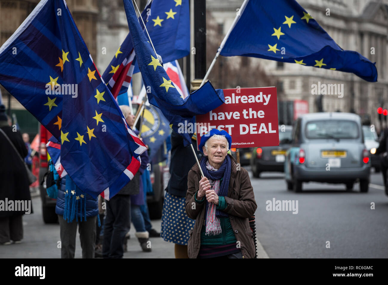 London, Großbritannien. 14. Jan 2019. Pro EU bleiben Unterstützer außerhalb Houses of Parliament, London, Großbritannien, 14. Januar 2019 Pro bleiben suppoorters Versuchen letzten verzweifelten Unterstützung gegen Brexit vor der morgigen Abstimmung sinnvoll, in der sich die Mitglieder des Parlaments zustimmen oder Theresa von Möglicherweise umstrittenen Plan ablehnen, zu sammeln. Aber letzten Monat der Premierminister drastisch den Bin ihrer Stimme", im Gegensatz zu dem, was erwartet worden war eine deutliche Niederlage in die Hände der Rebellen MPs zu sein. Credit: Jeff Gilbert/Alamy leben Nachrichten Stockfoto