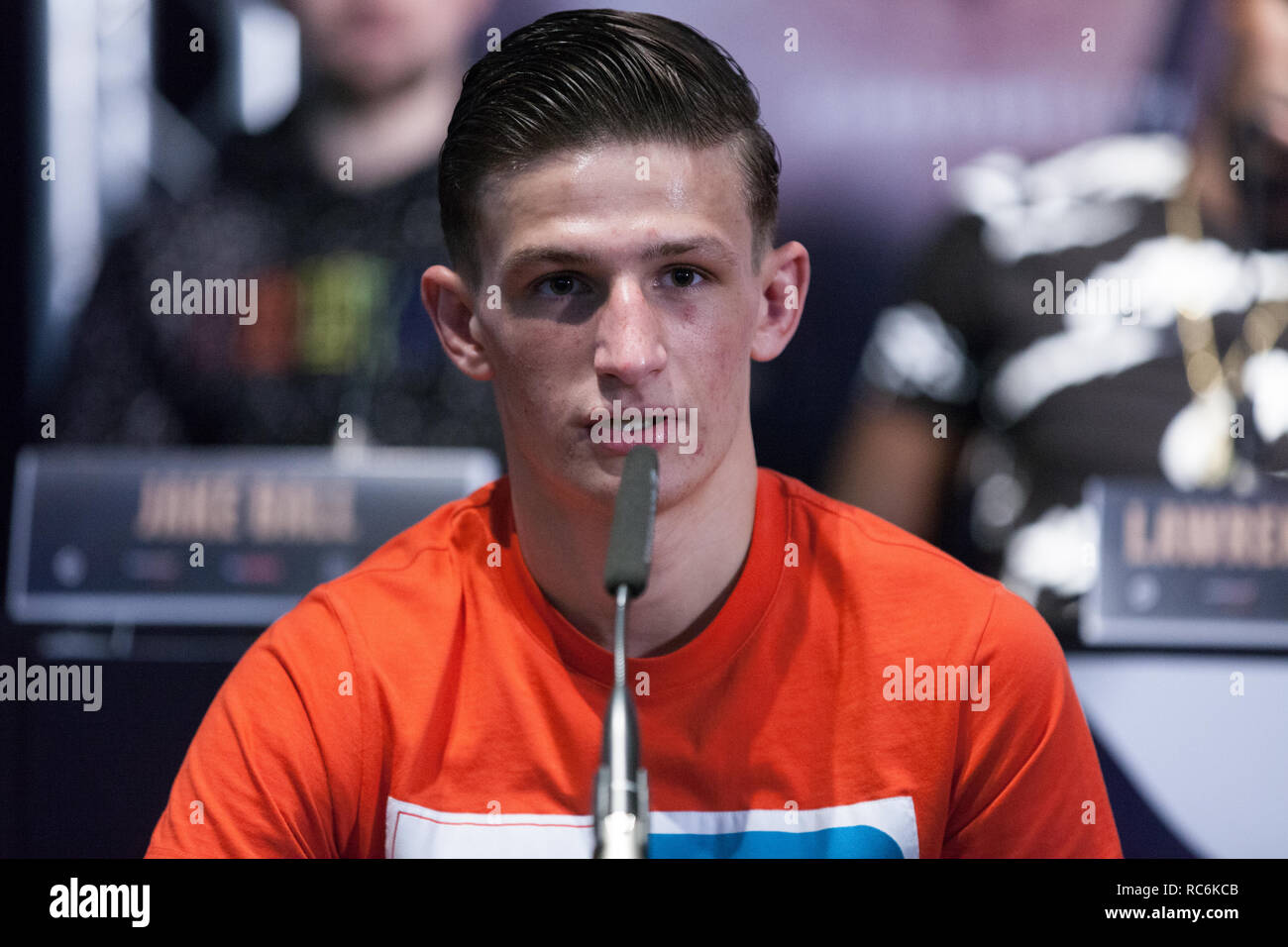 London, Großbritannien. 14. Januar, 2019. Der 19-jährige Charles Super-Featherweight Frankham, neu zu Eddie Hearn's Matchroom Boxing unterzeichnet wurde, erscheint auf der Pressekonferenz für eine Karte, die am 02. Am 2. Februar von einer Europäischen Super-Welterweight Meisterschaft Wettbewerb zwischen Ted Cheeseman und Sergio Garcia am 02 leitete am 2. Februar. Credit: Mark Kerrison/Alamy leben Nachrichten Stockfoto