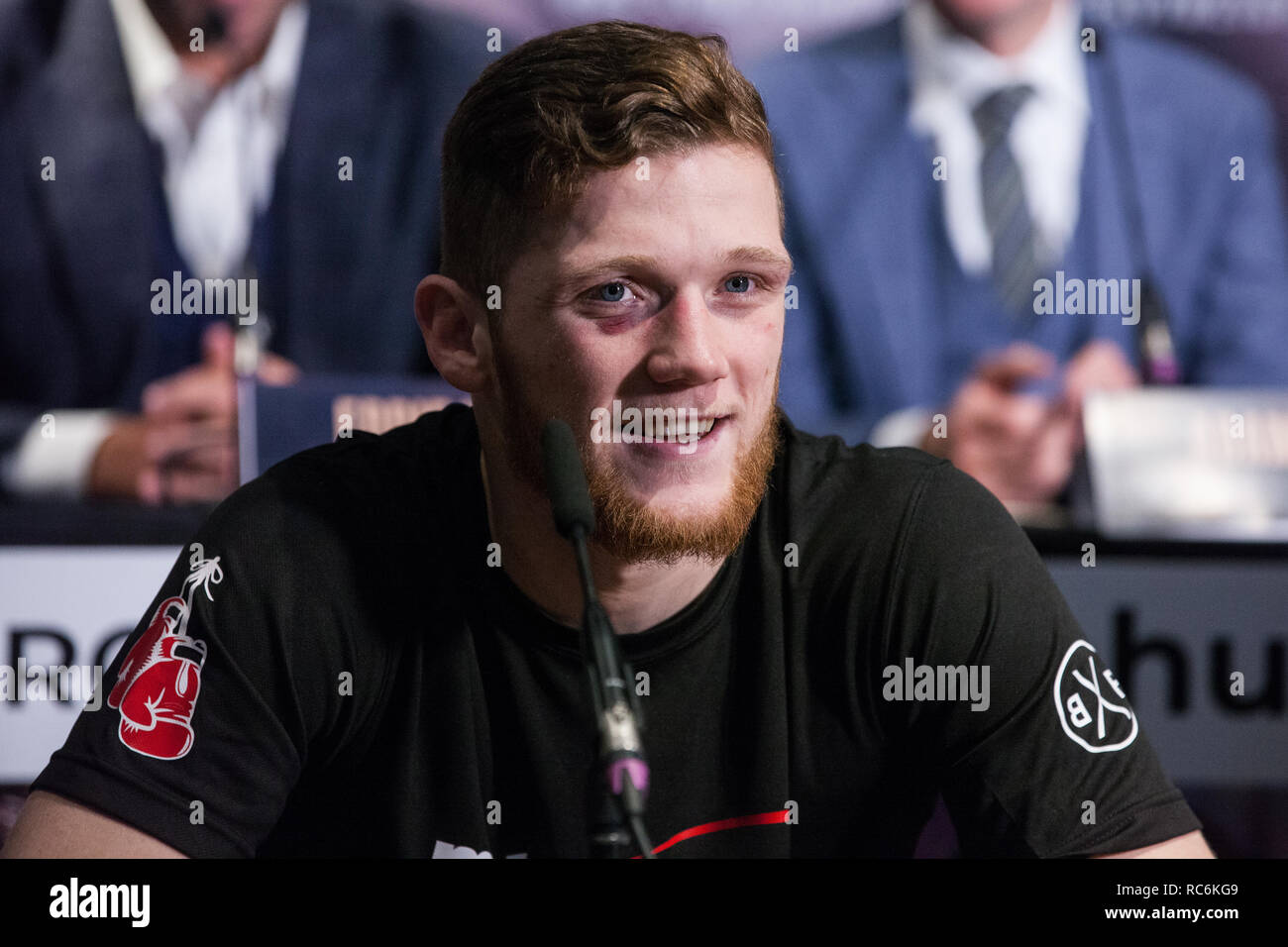 London, Großbritannien. 14. Januar, 2019. Montrose Supermittelgewicht John Docherty spricht auf der Pressekonferenz für einen matchroom Boxing Karte am 02. Am 2. Februar, wo er sich auf einer Rechnung unter der Leitung von einem Europäischen Super-Welterweight Meisterschaft Wettbewerb zwischen Sergio Garcia und Ted Cheeseman, kämpfen. Credit: Mark Kerrison/Alamy leben Nachrichten Stockfoto