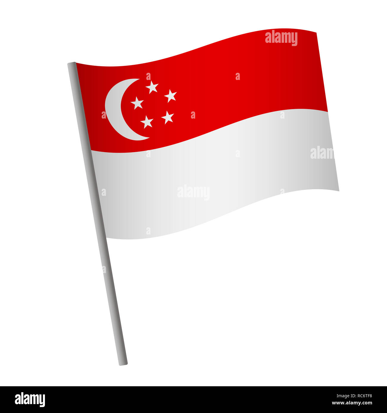 Singapur Fahne Symbol. Nationalflagge von Singapur auf einer Stange Abbildung. Stockfoto