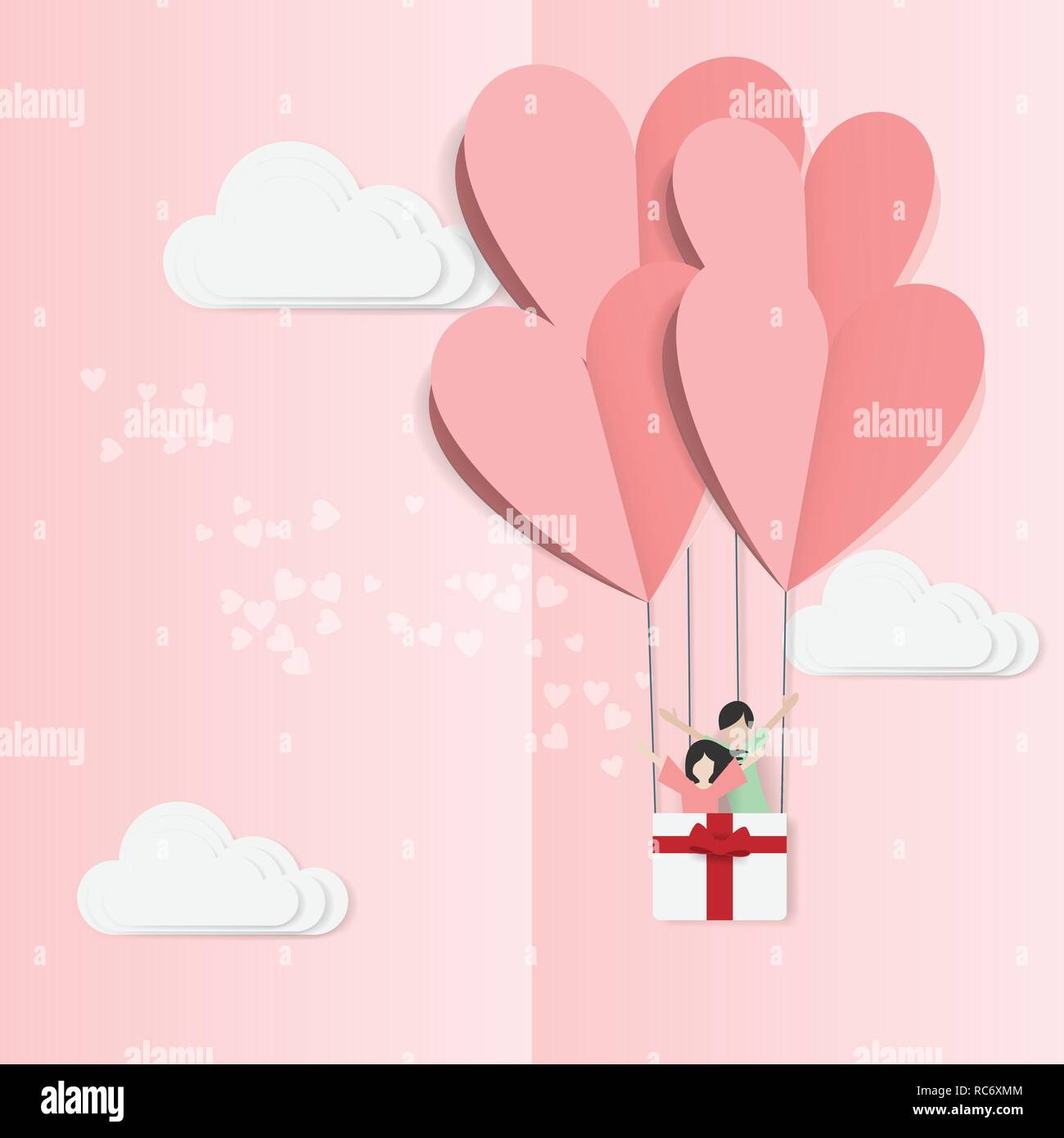Der Vektor der Liebe und Happy Valentines Tag. origami design elemente Papier schneiden Heißluftballon fliegen mit Liebe Paar innen Korb und Herzen schweben gemacht Stock Vektor