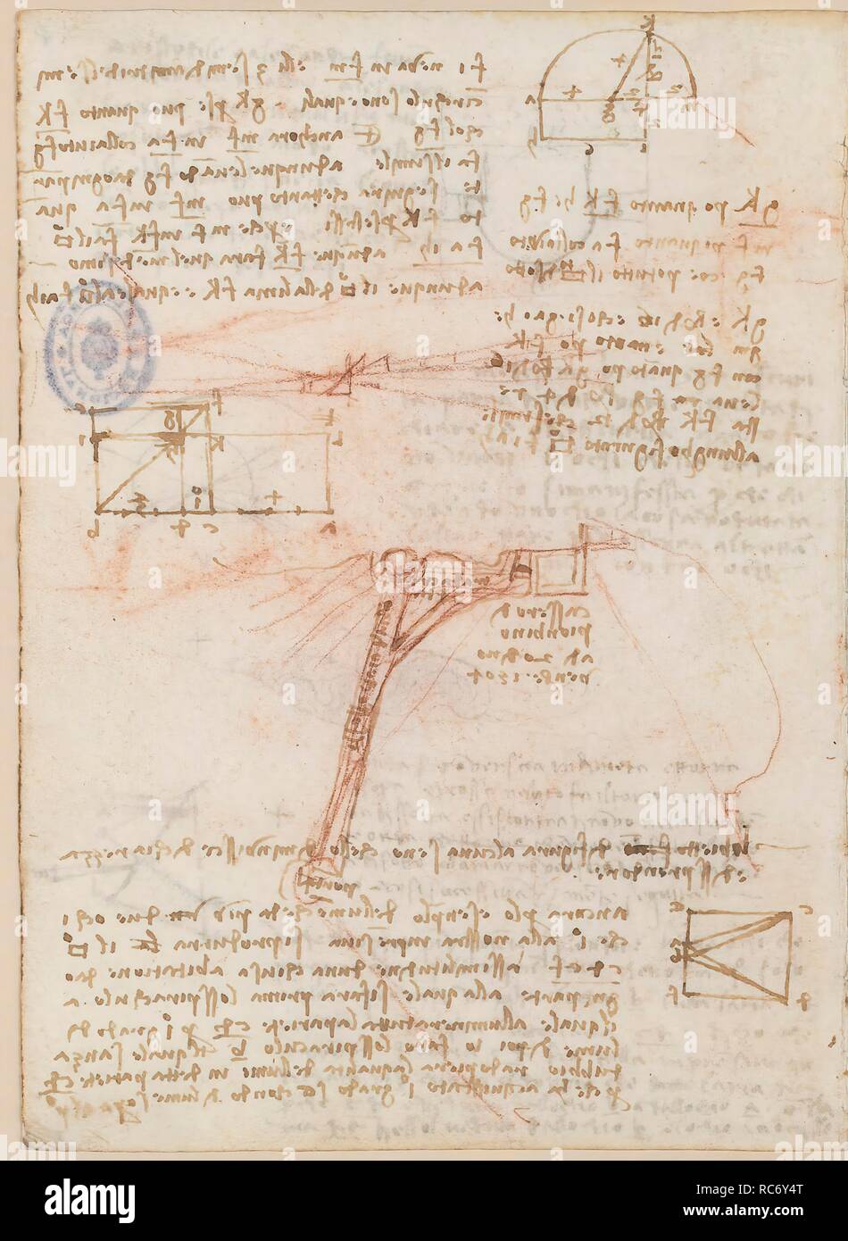 Folio f 24 v. Codex Madrid II (Ms. 8936) 'Vertrag von Festung, Statik und Geometrie". 158 Folios mit 316 Seiten. Internes Format: 210 x 145 mm. Tiefbau, Bau. Mathematik. Persönliche Anmerkungen. Militärtechnik, BEFESTIGUNGSANLAGEN. Perspektive, Optik, Malerei, Zeichnung. Topographische Referenzen. Museum: BIBLIOTECA NACIONAL DE ESPAÑA, MADRID. Autor: LEONARDO DA VINCI. Stockfoto