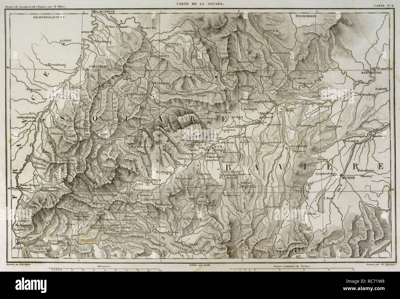 Karte von Schwaben (Südwestdeutschland). Atlas de l'Histoire du Consulat et de l'Empire. Geschichte des Konsulats und des Empire von Frankreich unter Napoleon von Marie Joseph Louis Adolphe Thiers (1797-1877). Zeichnungen von Dufour, Stiche von Dyonnet. In Paris, 1864 bearbeitet werden. Stockfoto