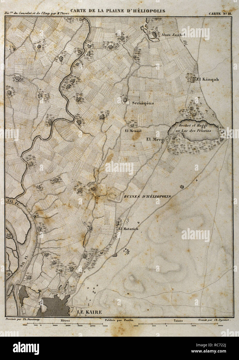 Karte von Heliopolis (Ägypten). Am 20. März 1800, die batlle von Heliopolis statt, mit französischen Sieg, zwischen Frankreich und das Osmanische Reich. Napoleonischen Feldzug in Ägypten. Atlas de l'Histoire du Consulat et de l'Empire. Geschichte des Konsulats und des Empire von Frankreich unter Napoleon von Marie Joseph Louis Adolphe Thiers (1797-1877). Zeichnungen von Dufour, Stiche von Dyonnet. In Paris, 1864 bearbeitet werden. Stockfoto