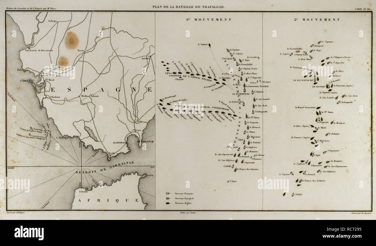 Napoleonischen Karte. Schlacht von Trafalgar (21. Oktober 1805). Die kriegführenden Parteien: Großbritannien und Frankreich, Spanien. Krieg der Dritte Koalition im Rahmen der Napoleonischen Kriege. Atlas de l'Histoire du Consulat et de l'Empire. Geschichte des Konsulats und des Empire von Frankreich unter Napoleon von Marie Joseph Louis Adolphe Thiers (1797-1877). Zeichnungen von Dufour, Stiche von Dyonnet. In Paris, 1864 bearbeitet werden. Stockfoto