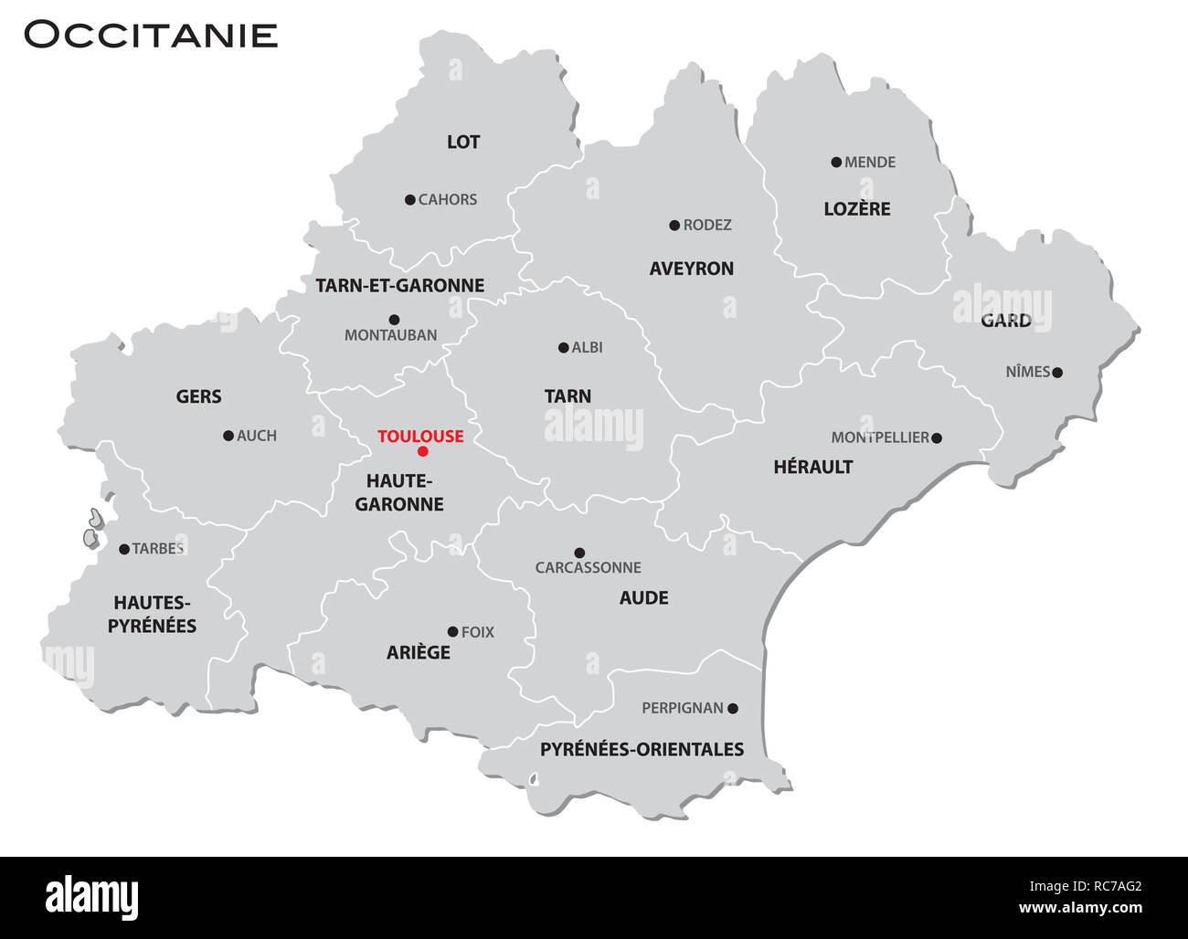 Einfachen grauen administrative Karte der neuen französischen Region Occitanie Stock Vektor