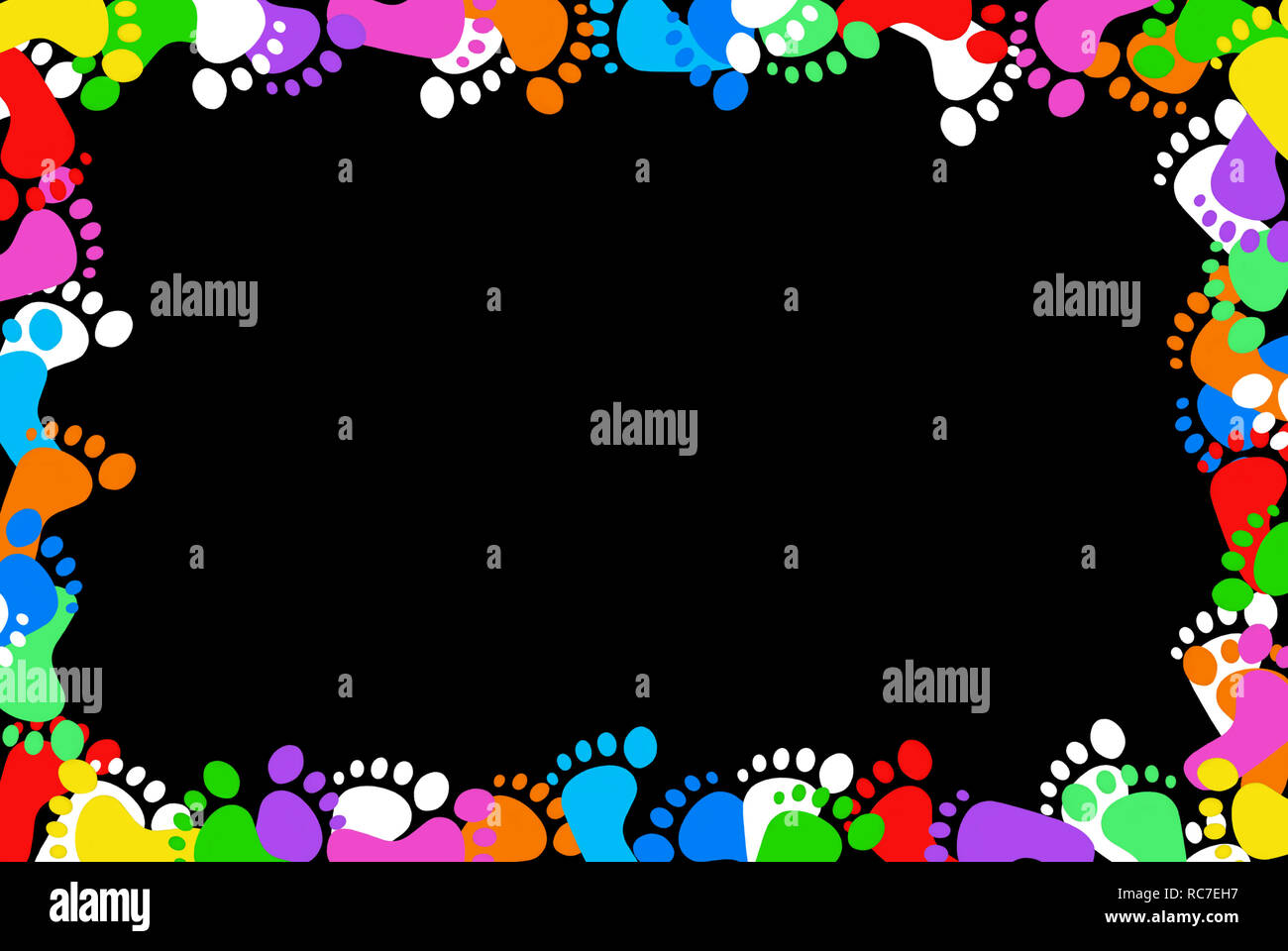Bunte footprint Grenze auf schwarzem Hintergrund. Stockfoto