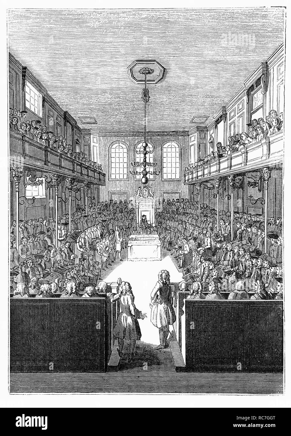 Das House of Commons während der Regierungszeit von König George II. war das Unterhaus des Parlaments des Vereinigten Königreichs. Es wurde schließlich der House of Commons von Großbritannien nach der politischen Union mit Schottland 1707. Unter dem Parlament Handeln 1911, schalten die Herren "Rechtsvorschriften abzulehnen, wurde zu einer Verschiebung der Macht reduziert. Die Regierung ist allein verantwortlich für die "House of Commons" und der Ministerpräsident im Amt bleibt nur so lange, wie er oder sie behält die Unterstützung einer Mehrheit der Commons. Stockfoto