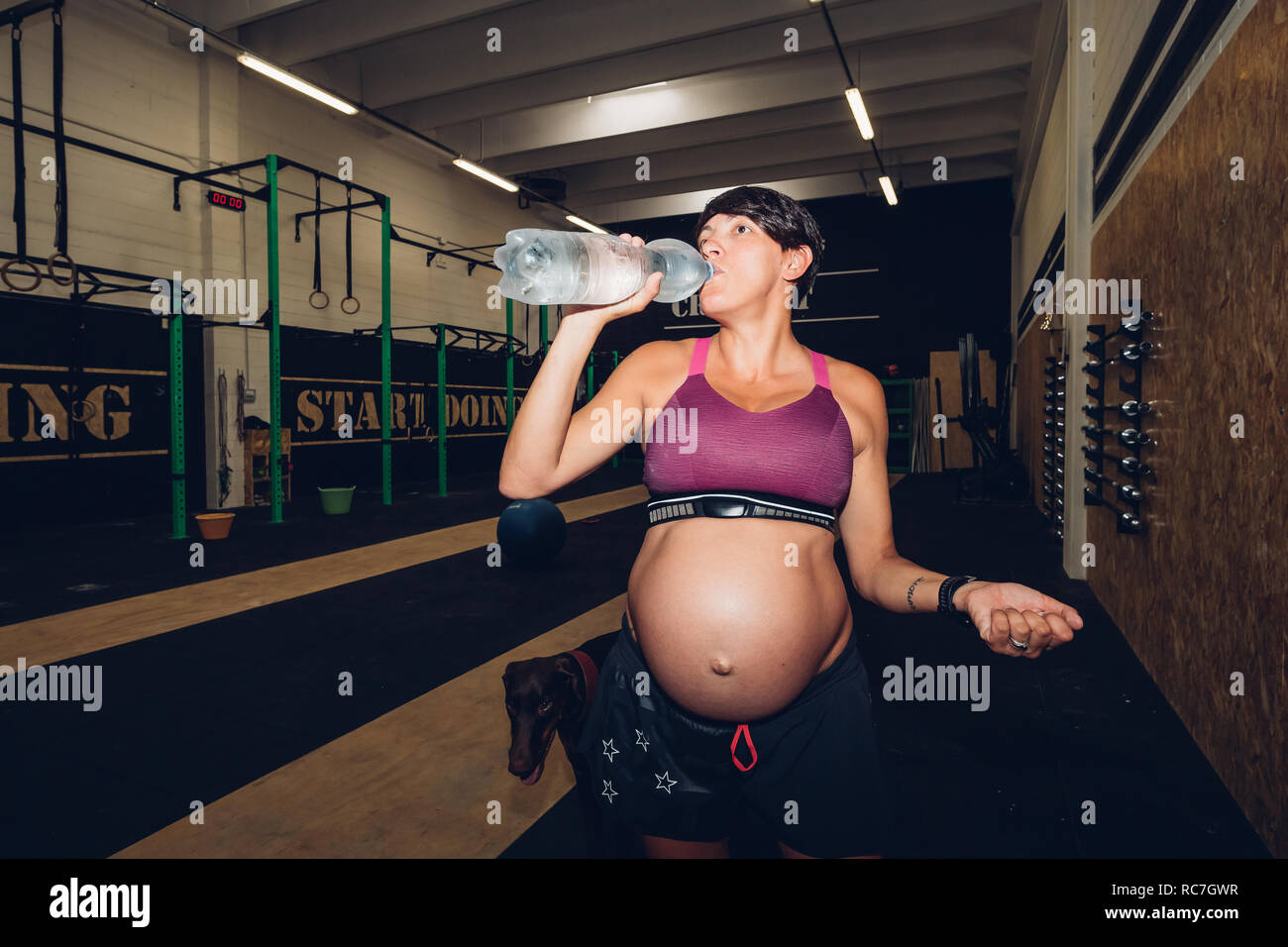Schwangere Frau trinkt aus der Flasche Wasser in der Turnhalle Stockfoto