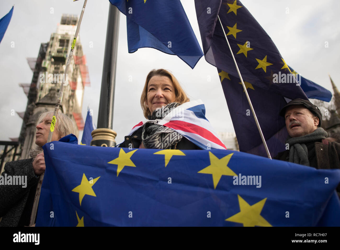 Anti Brexit Demonstranten außerhalb der Häuser des Parlaments in London, bevor am Dienstag commons Abstimmung über Premierminister Theresa's kann Brexit beschäftigen. Stockfoto