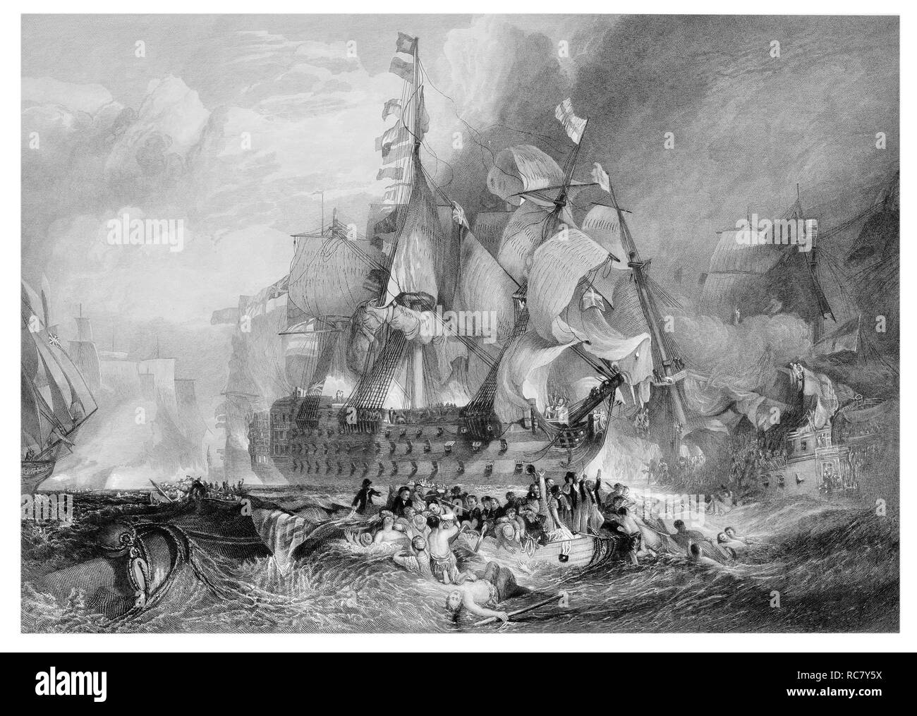 J.M.W Turner der Schlacht von Trafalgar von W. Miller eingraviert Stockfoto