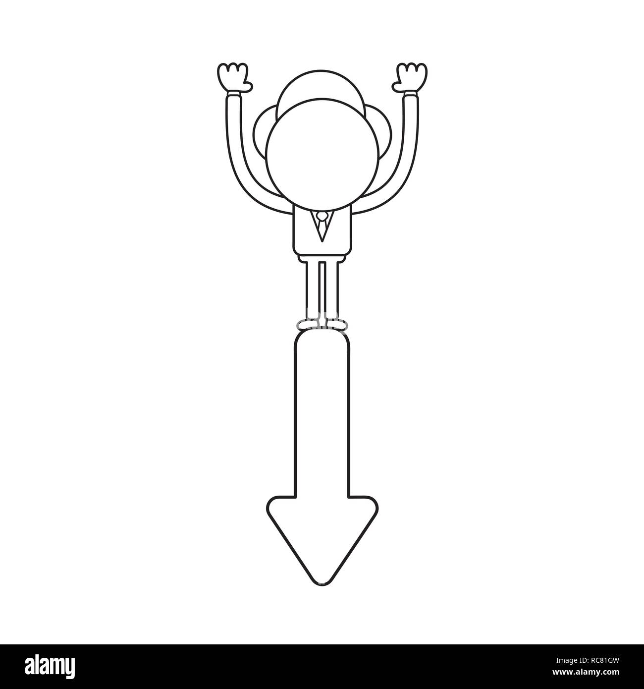 Vector Illustration Konzept der Geschäftsmann Zeichen stehen auf Pfeil nach unten bewegt. Schwarzer outline. Stock Vektor