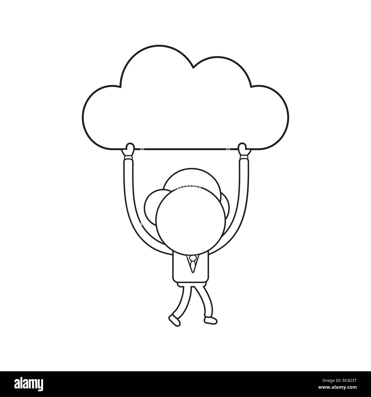 Vector Illustration Konzept der Geschäftsmann Charakter zu Fuß und Cloud. Schwarzer outline. Stock Vektor