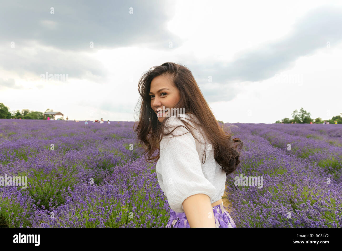 Mitte der erwachsenen Frau mit langen braunen Haaren über die Schulter schauen in Lavendelfeld Stockfoto
