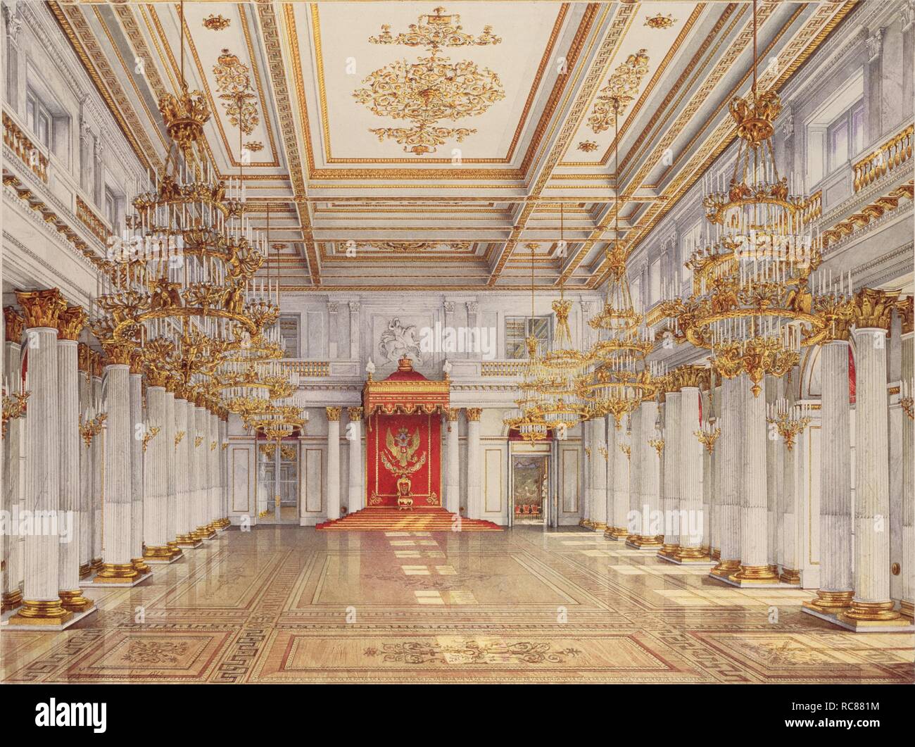 Die George Hall (große Thronsaal) Der Winterpalast in St. Petersburg. Museum: Staatliche Eremitage, St. Petersburg. Autor: Konstantin Andreyevich Ukhtomsky. Stockfoto