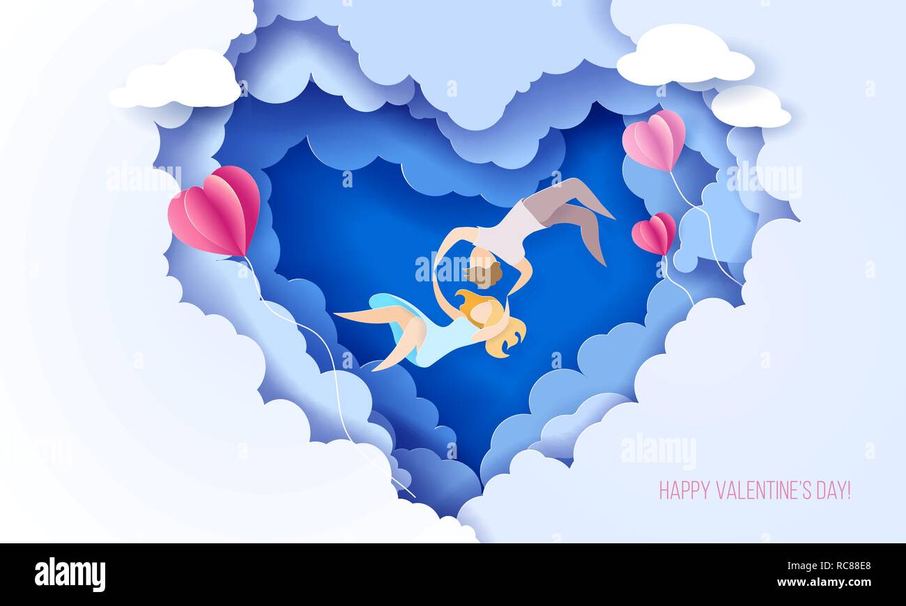 Valentines Tag Karte mit Paar hält handsand Verlieben auf Himmel blauer Hintergrund mit herzförmigen Wolken. Vektor Papier art Illustration. Papier geschnitten und Handwerk Stil. Stock Vektor