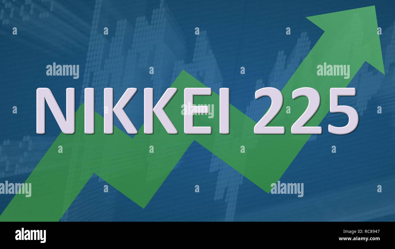 Der japanische Aktienindex Nikkei 225 steigt. Eine grüne zig-zag Pfeil hinter dem Wort Nikkei 225 auf blauem Hintergrund mit einem Diagramm zeigt ... Stockfoto