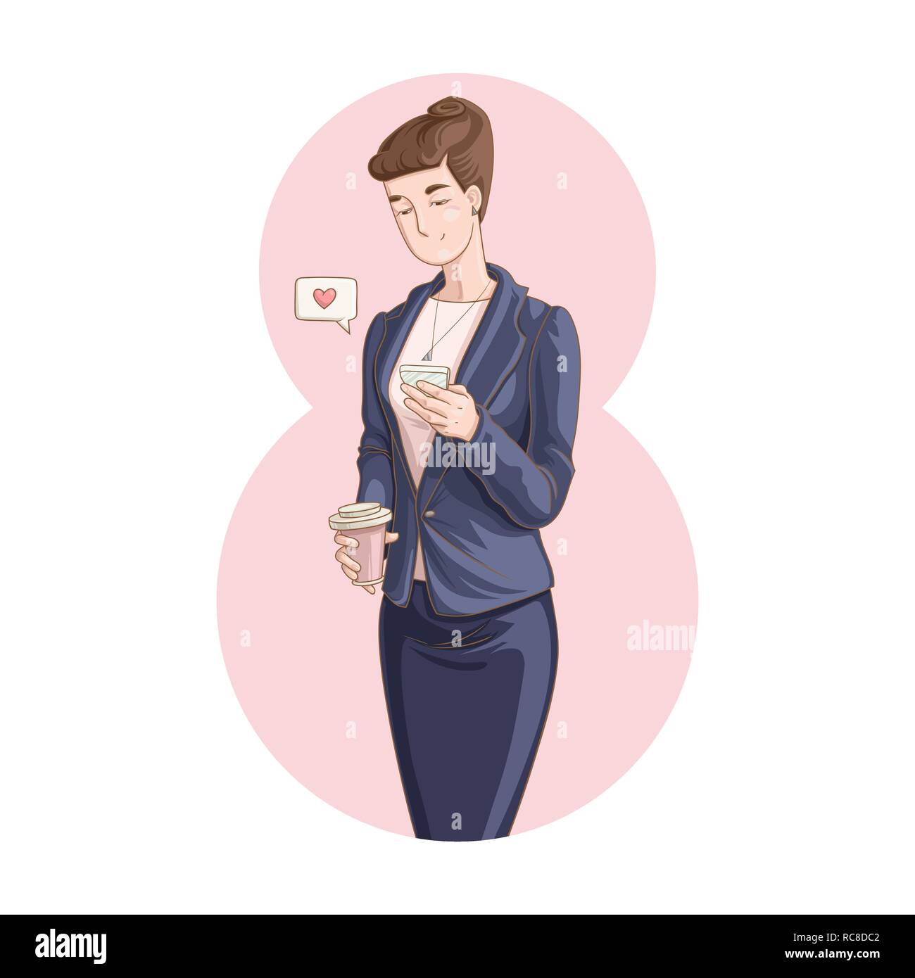 Liebe Nachricht in der Sprechblase mit Herz. Vector Illustration von Cartoon Stil Geschäftsfrau mit einer Tasse Kaffee und mit Handy Stock Vektor