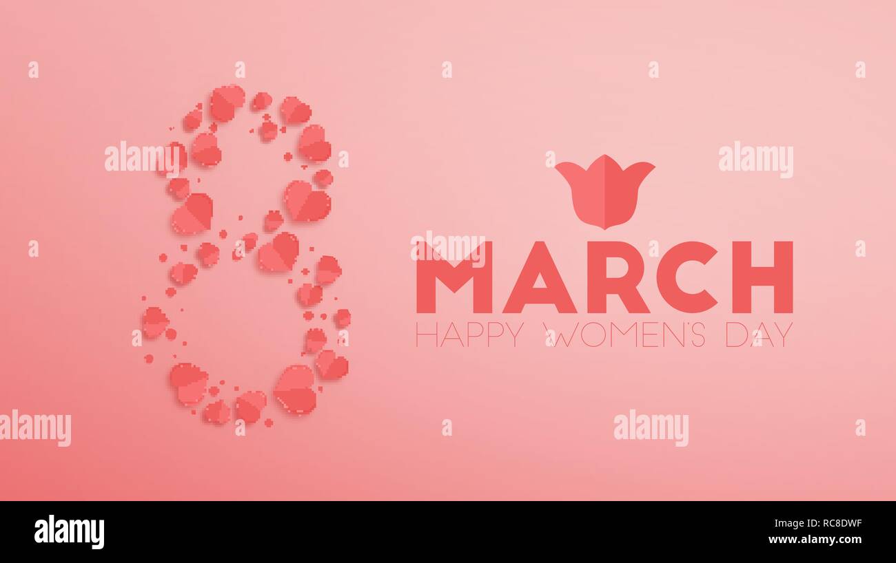 März 8. Der Internationale Tag der Frau. Vector Illustration in Abbildung 8 aus Papier schneiden Herz über rosa Hintergrund für Ihr Design Stock Vektor