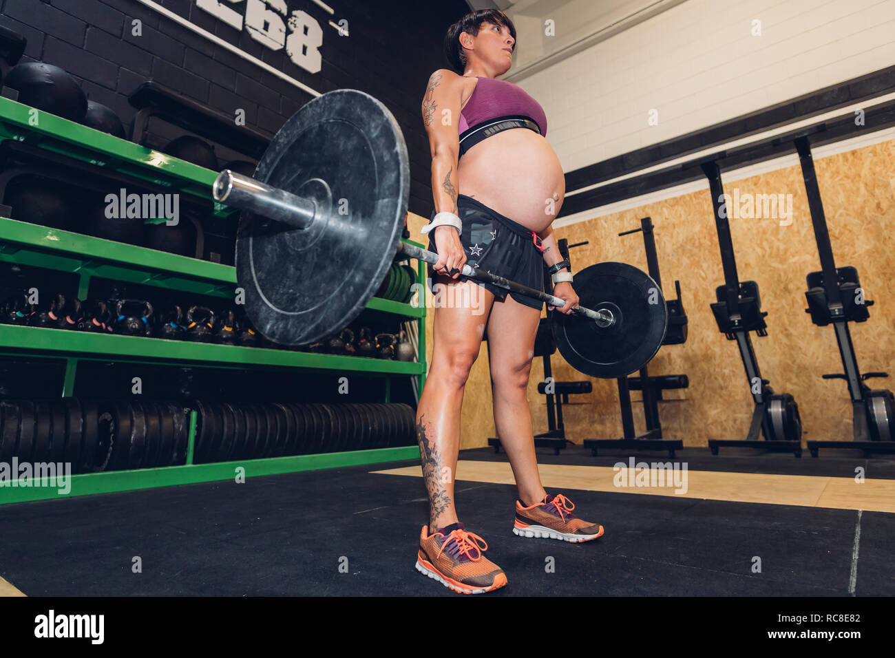 Schwangere Frau mit Bar Bell in der Turnhalle Stockfoto