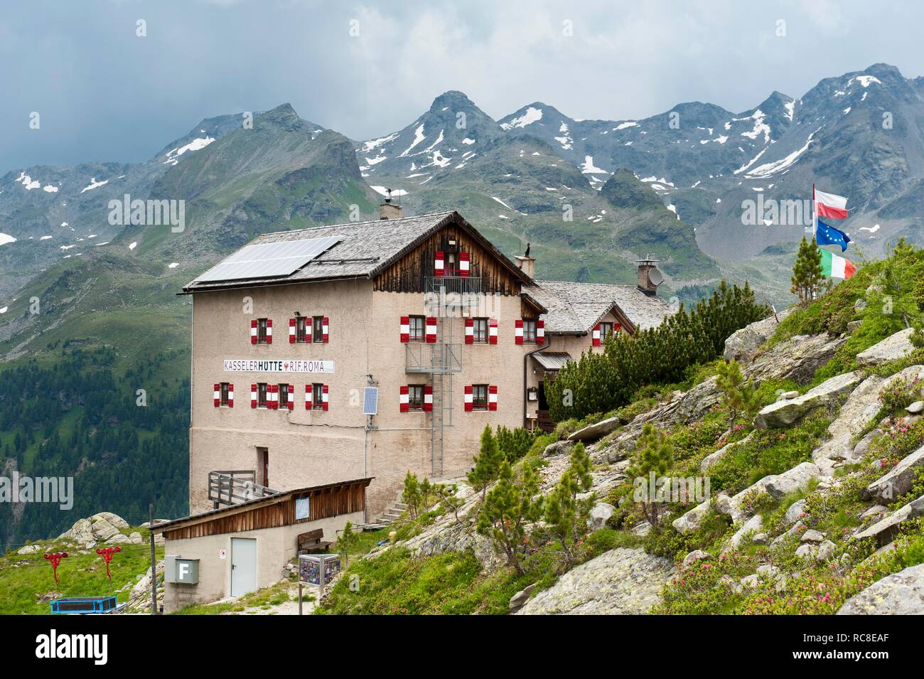 Berghütte, Kassel Hütte, Rifugio Roma alla Rieserferner-ahrn, Rieserfernergruppe, in der Nähe von Rein in Taufers, Riva Di Tures, Pustertal Stockfoto