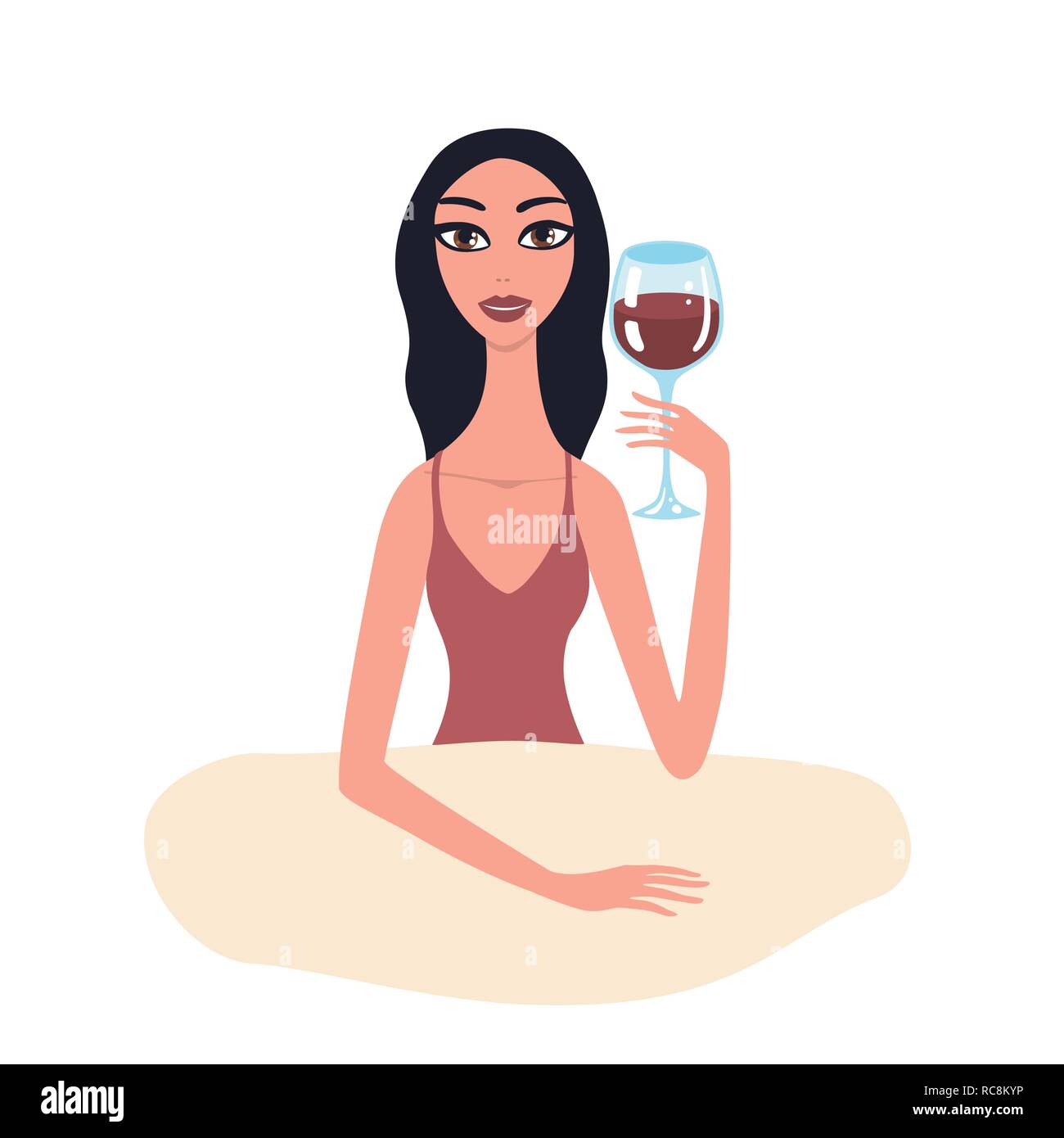 Heiße schöne junge brünette Frau mit Perfect Make-up sitzt am Tisch, Glas Wein Stock Vektor