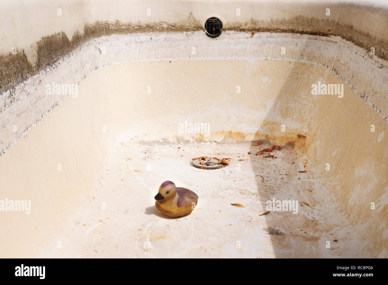 Kunststoff Ente in leeren Badewanne wird das Regenwasser für den Garten zu sammeln. Das Wasser hat während einer längeren Trockenperiode verwendet worden. Stockfoto