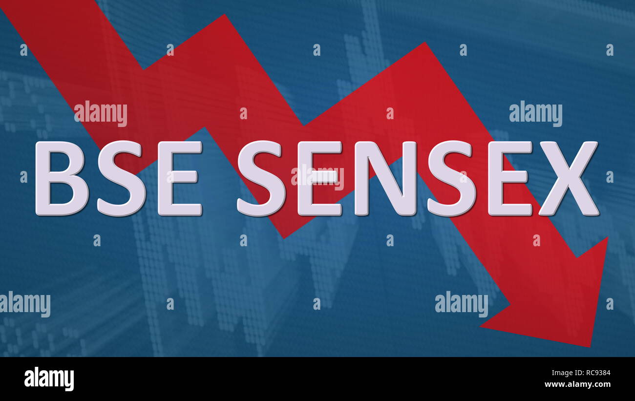 Die BSE Sensex Börse Index der Bombay Stock Exchange ist rückläufig. Die roten Zick-zack-Pfeil hinter dem Wort BSE SENSEX auf blauem Hintergrund mit einem... Stockfoto