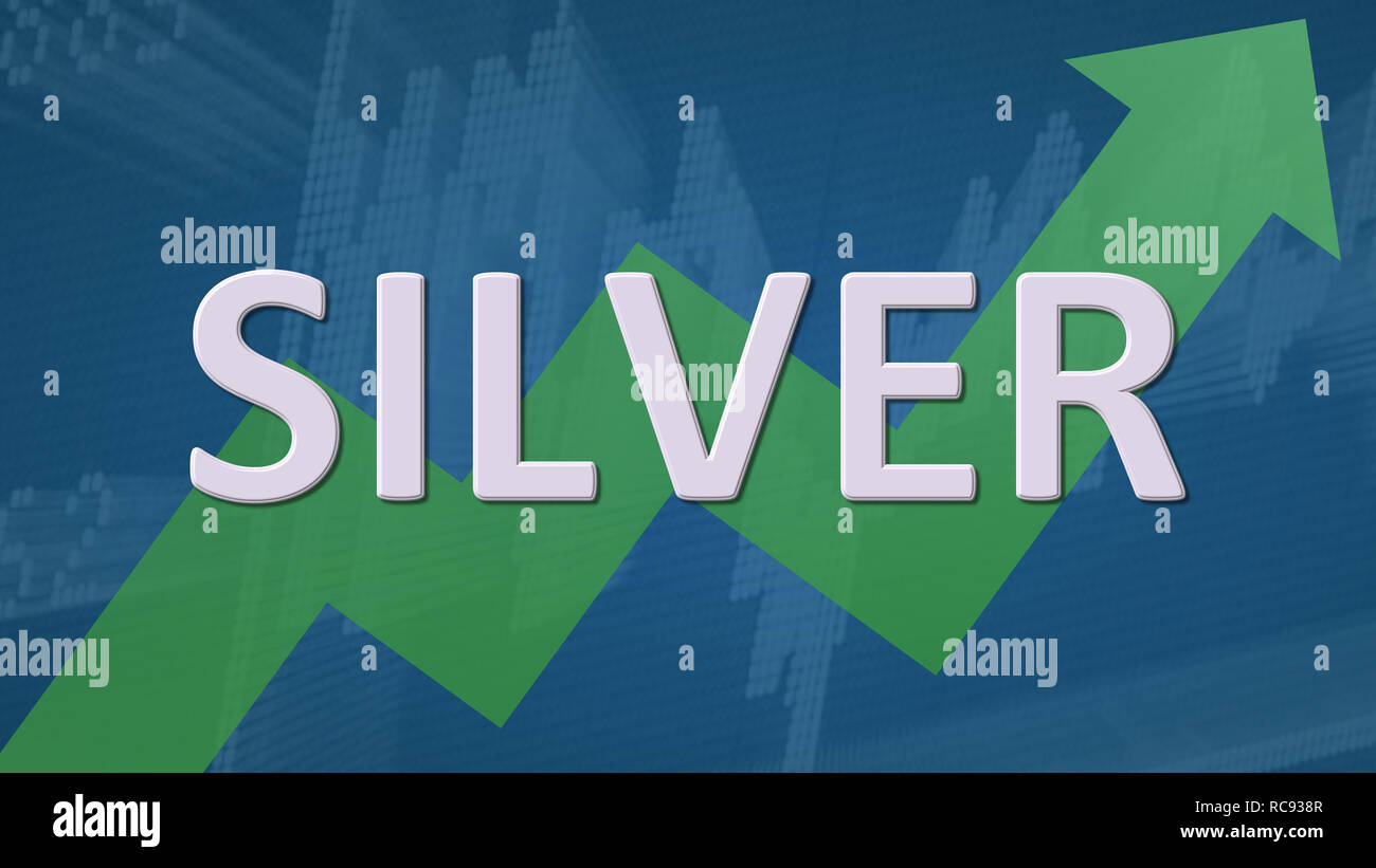 Der Preis der Ware ist Silber. Eine grüne zig-zag Pfeil hinter dem Wort silber auf blauem Hintergrund mit einem Diagramm zeigt nach oben, ... Stockfoto