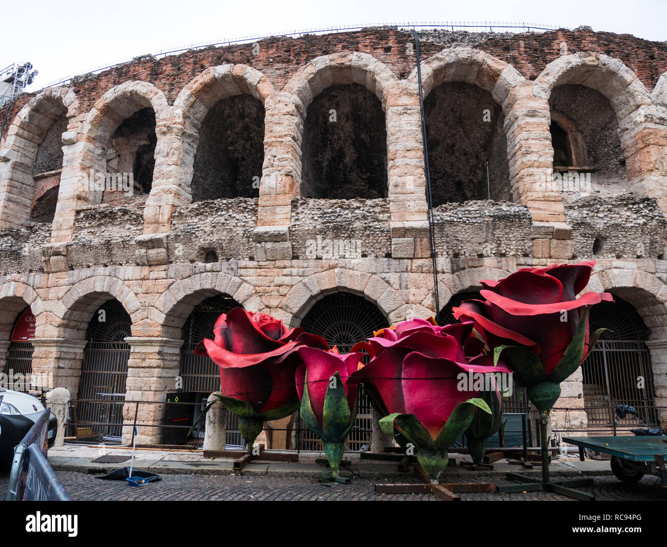 Riesige rote Rosen vor der Arena von Verona, ein Symbol der Liebe, ideal um das Konzept der Liebe zu vertreten Stockfoto