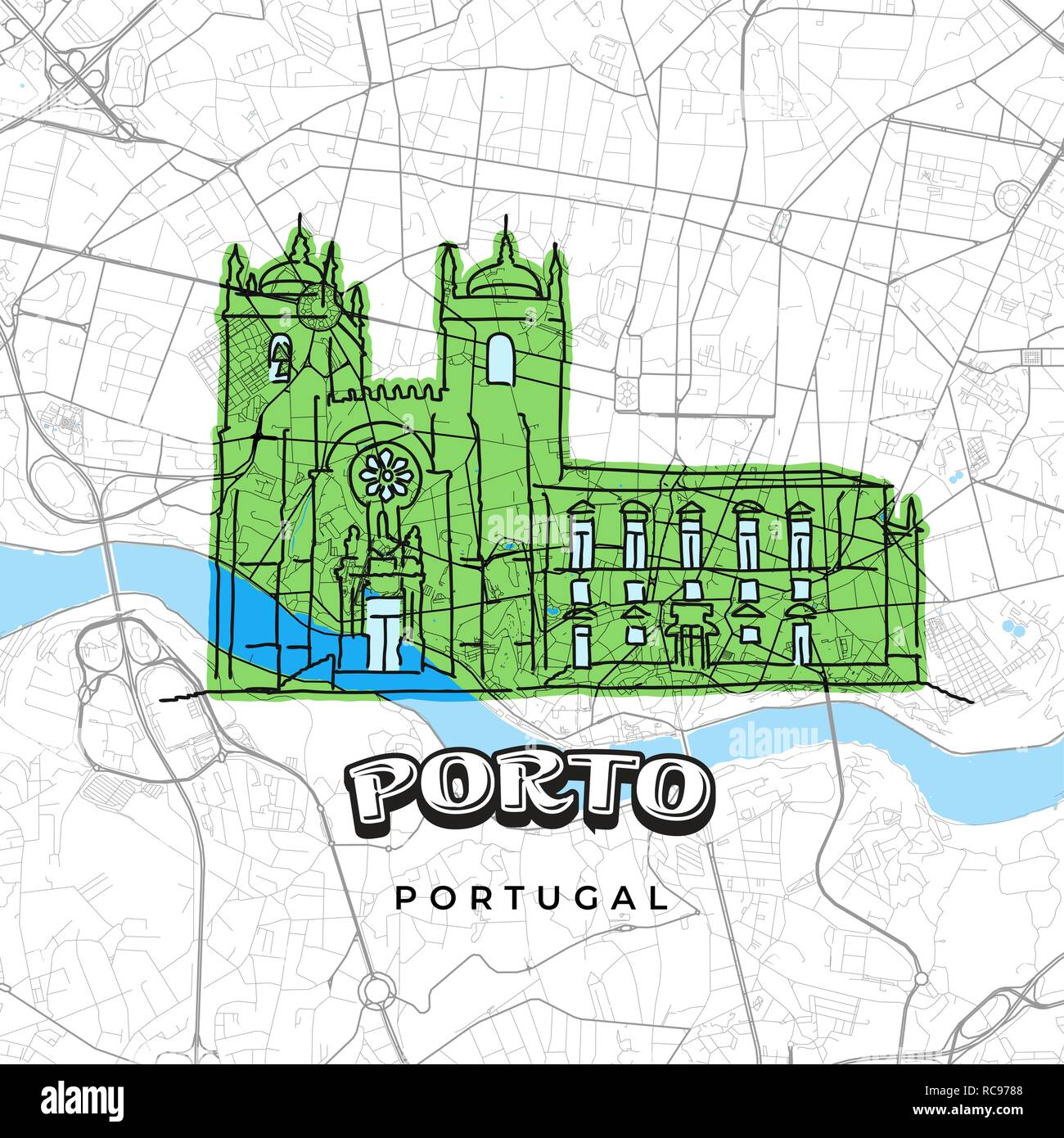 Porto Portugal Zeichnung auf Karte anzeigen. Handgezeichneten Vector Illustration. Berühmte Reiseziele Serie. Stock Vektor
