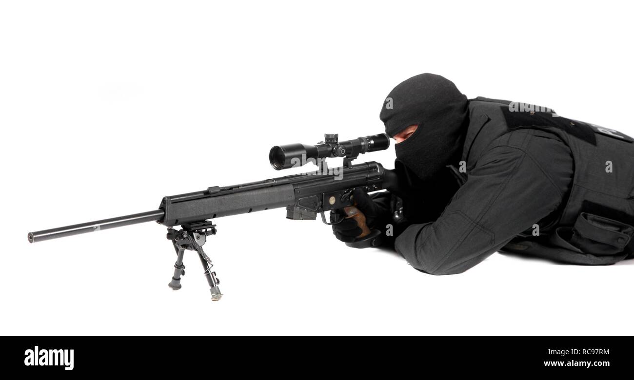 Polizei, besondere Task Force, SEK, Precision marksman mit einem Heckler & Koch PSG1 Precision Shooting Gewehr in Bauchlage Stockfoto