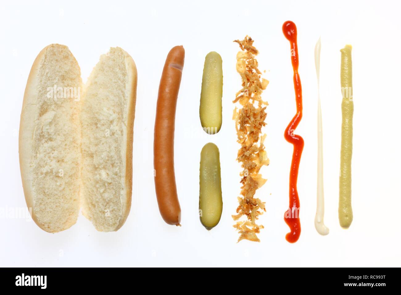Fast food, Zutaten für einen Hot dog Stockfoto