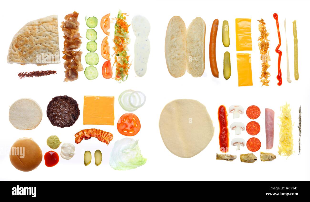 Fast food, Zutaten für ein Döner im Fladenbrot, ein Hot Dog, einen Hamburger mit Käse und Speck, eine Pizza Stockfoto