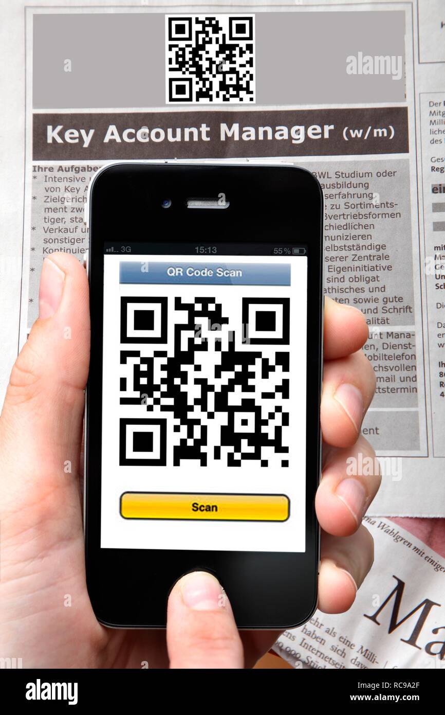 QR-Code Reader, Quick Response Code, lesen einen QR-Code mit einem Smartphone, iPhone Stockfoto