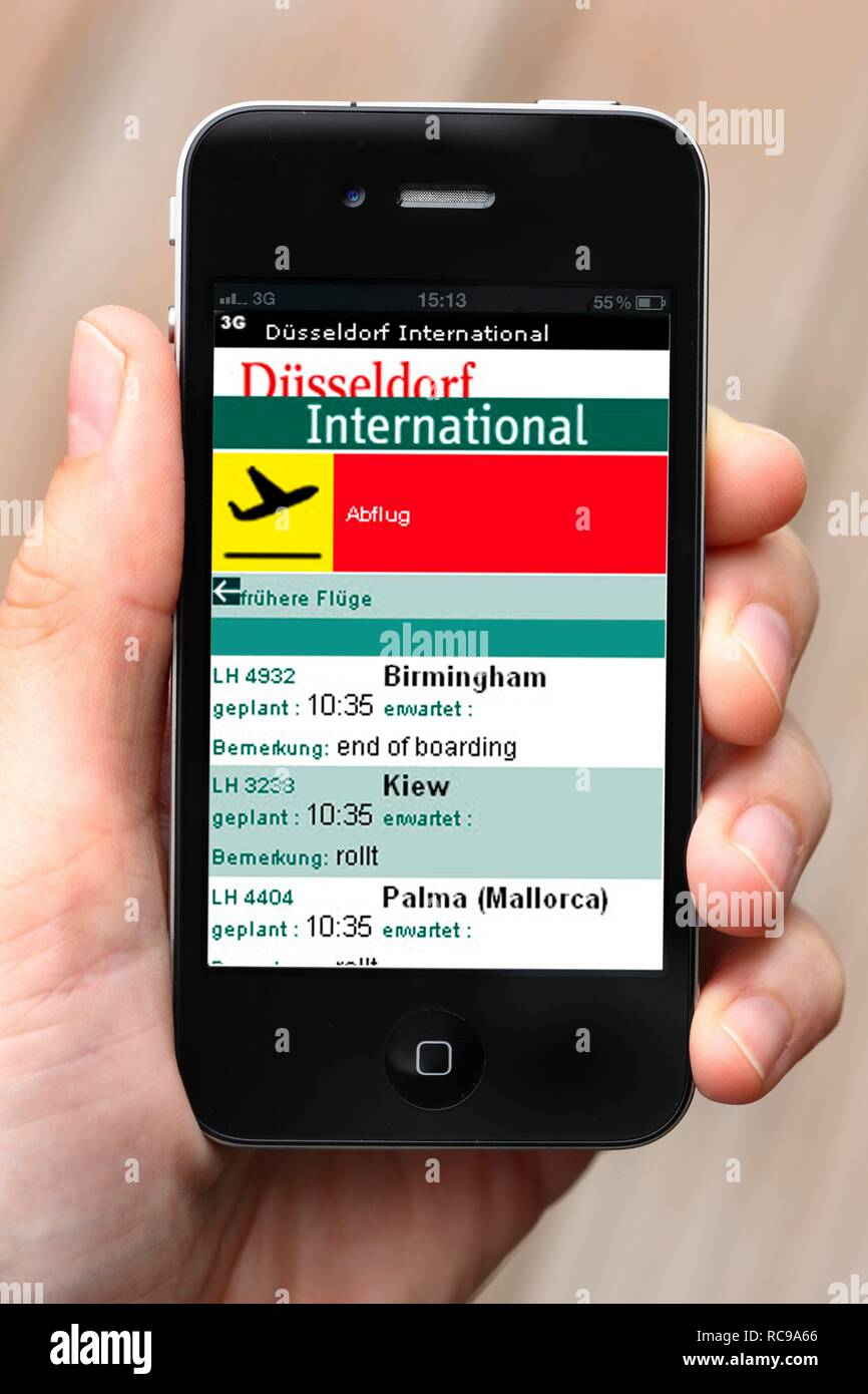 Iphone, Smartphone, App auf dem Bildschirm, Abflüge, Ankünfte, und Flugverbindungen, Flughafen Düsseldorf International Stockfoto